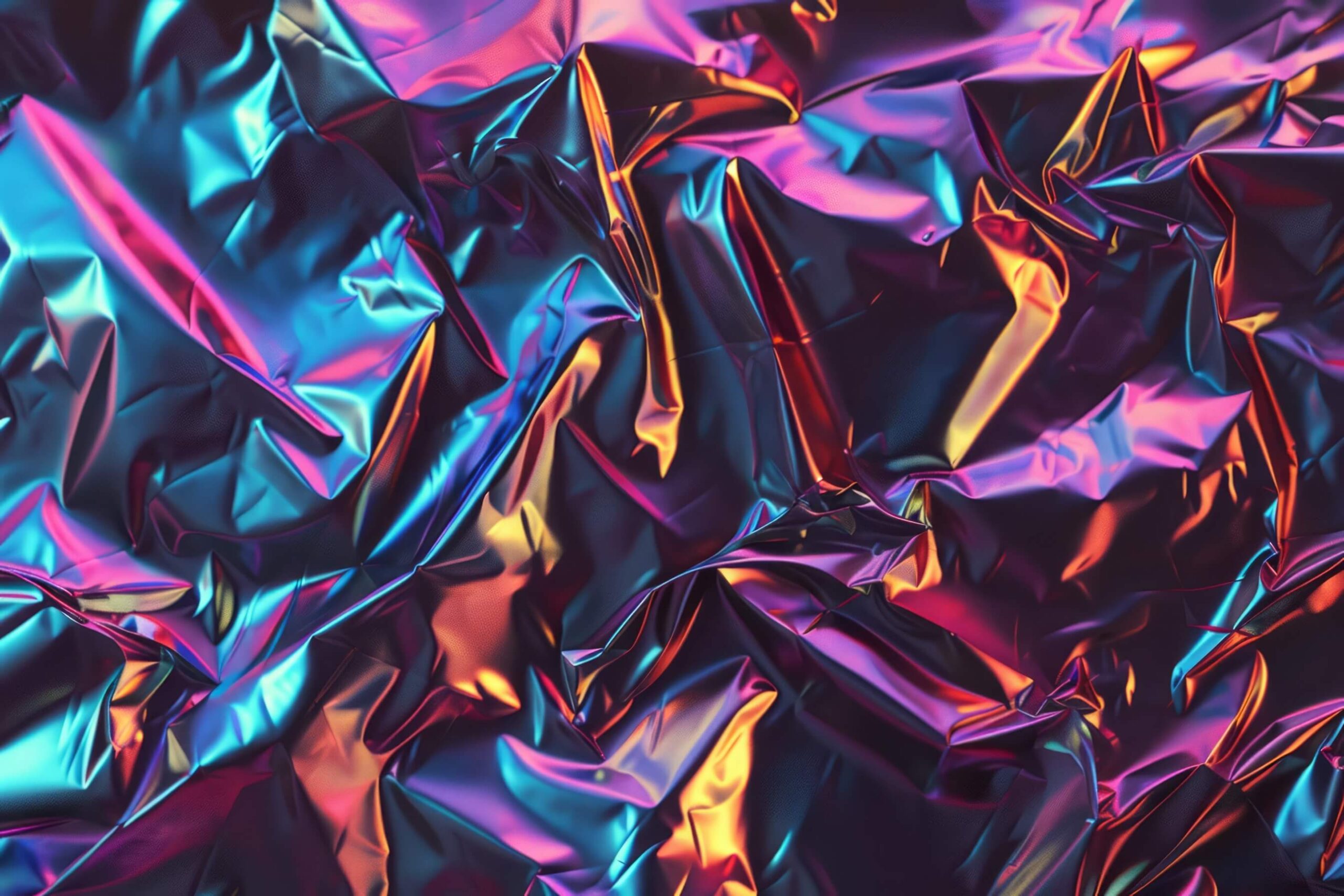 Superficie di film metallizzato riflettente con effetto olografico e finiture iridescenti.